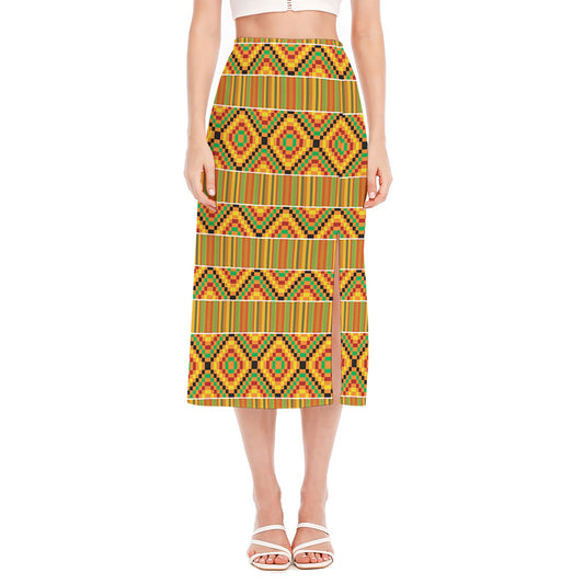 Ethnic Kente Pattern Print Side Slit Midi Skirt