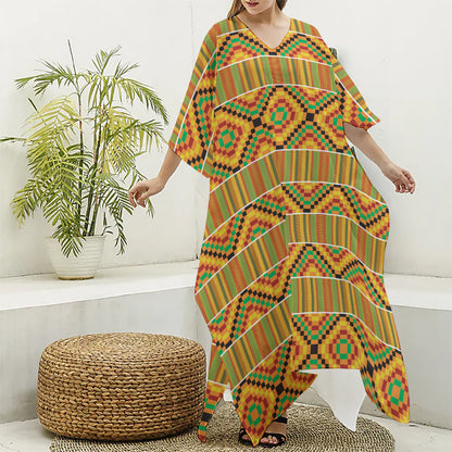 Ethnic Kente Pattern Print Silk V-Neck Kaftan Dress