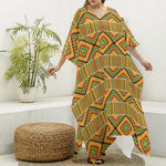 Ethnic Kente Pattern Print Silk V-Neck Kaftan Dress