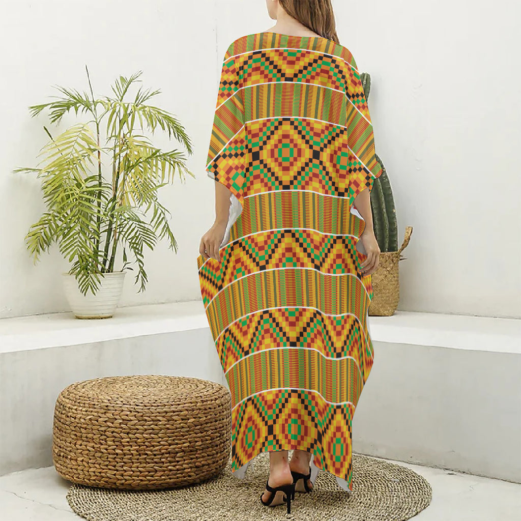 Ethnic Kente Pattern Print Silk V-Neck Kaftan Dress