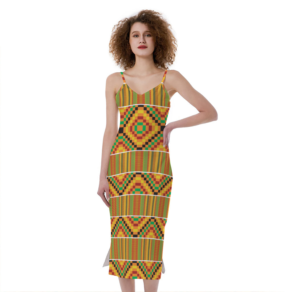 Ethnic Kente Pattern Print Slim Fit Midi Cami Dress