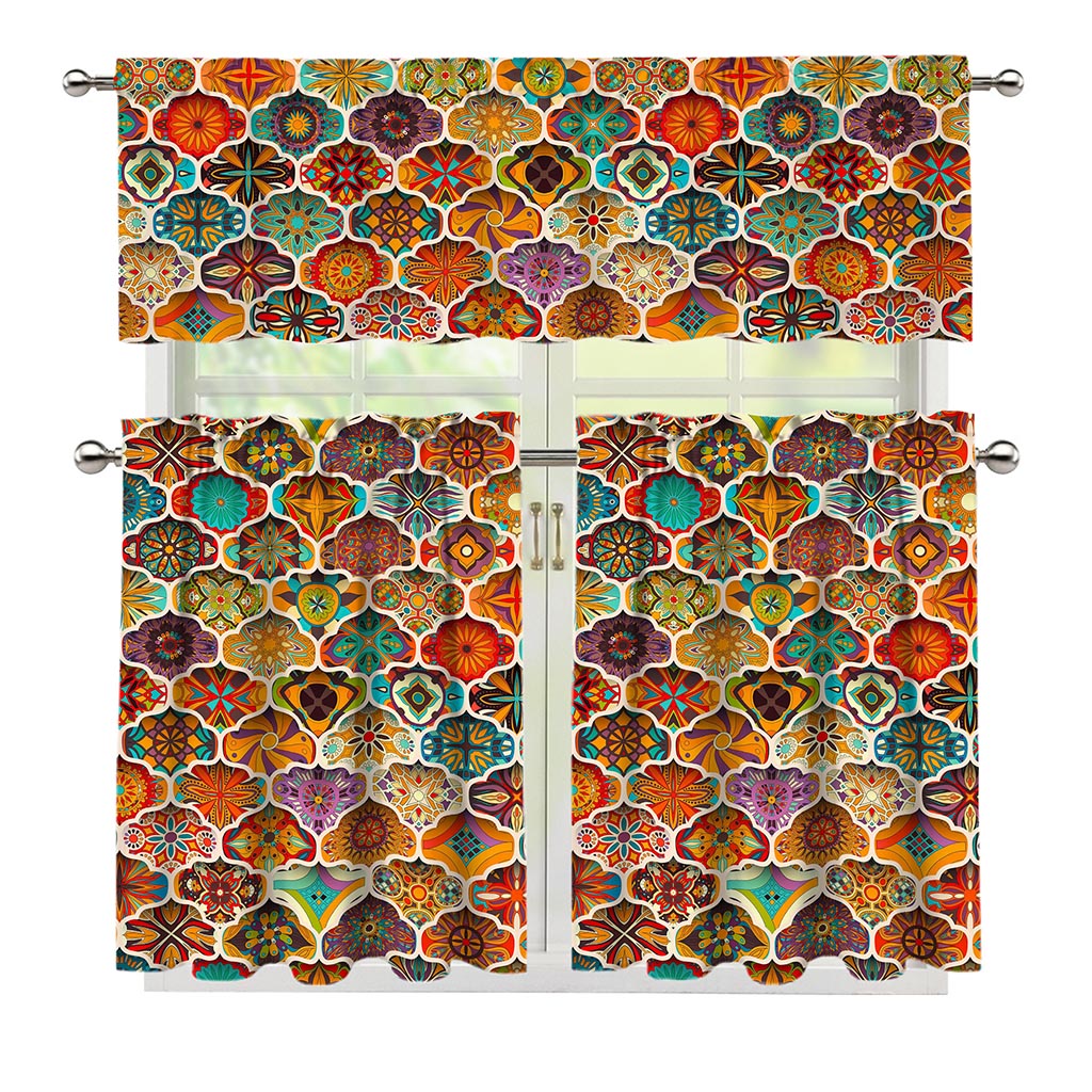 Ethnic Mandala Bohemian Pattern Print 3 Piece Kitchen Curtains