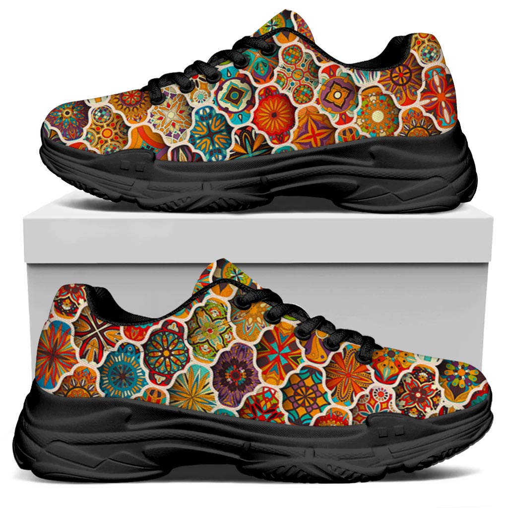 Ethnic Mandala Bohemian Pattern Print Black Chunky Shoes