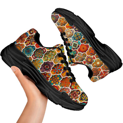 Ethnic Mandala Bohemian Pattern Print Black Chunky Shoes