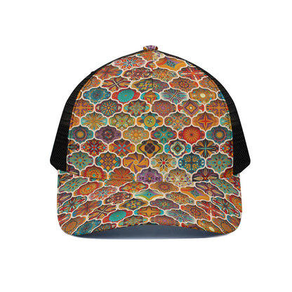 Ethnic Mandala Bohemian Pattern Print Black Mesh Trucker Cap