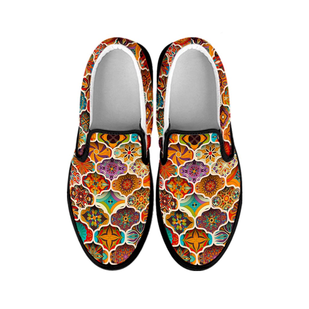 Ethnic Mandala Bohemian Pattern Print Black Slip On Sneakers