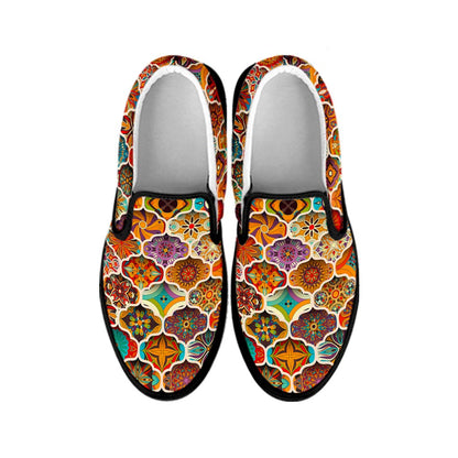 Ethnic Mandala Bohemian Pattern Print Black Slip On Sneakers