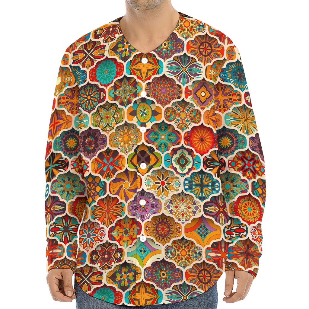 Ethnic Mandala Bohemian Pattern Print Long Sleeve Baseball Jersey