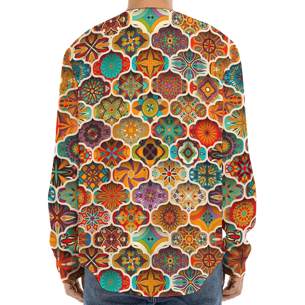 Ethnic Mandala Bohemian Pattern Print Long Sleeve Baseball Jersey