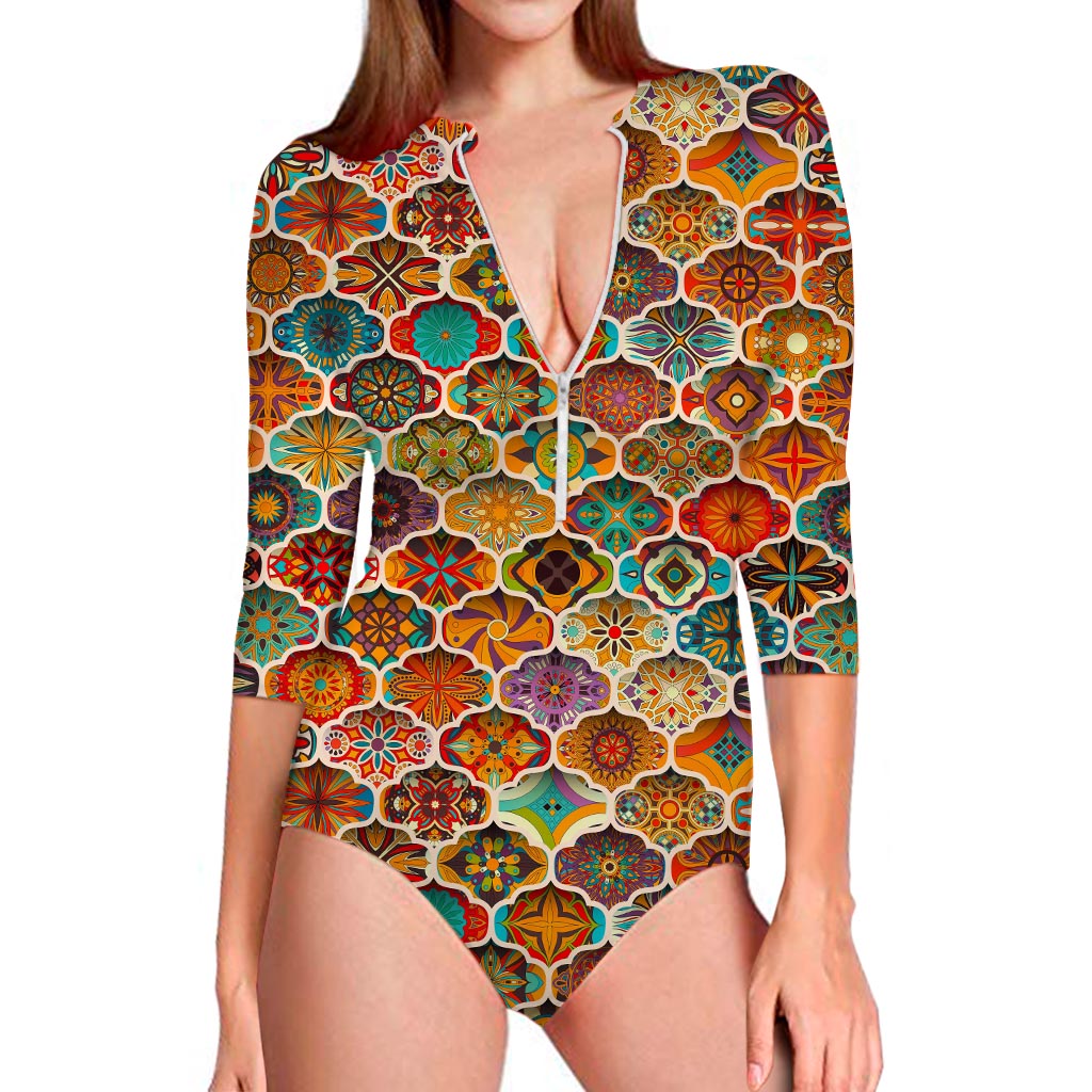 Ethnic Mandala Bohemian Pattern Print Long Sleeve Swimsuit