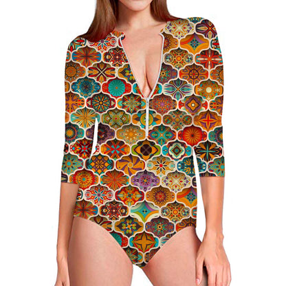 Ethnic Mandala Bohemian Pattern Print Long Sleeve Swimsuit