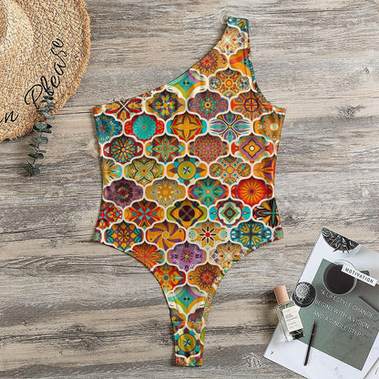 Ethnic Mandala Bohemian Pattern Print One Shoulder Bodysuit