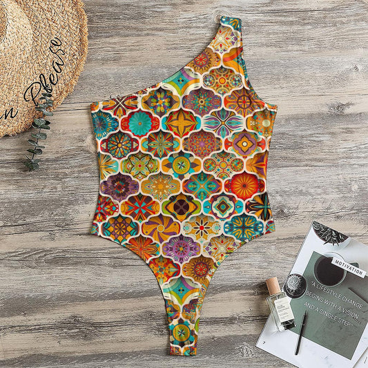 Ethnic Mandala Bohemian Pattern Print One Shoulder Bodysuit