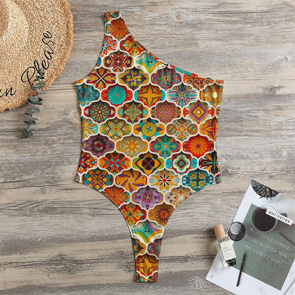 Ethnic Mandala Bohemian Pattern Print One Shoulder Bodysuit