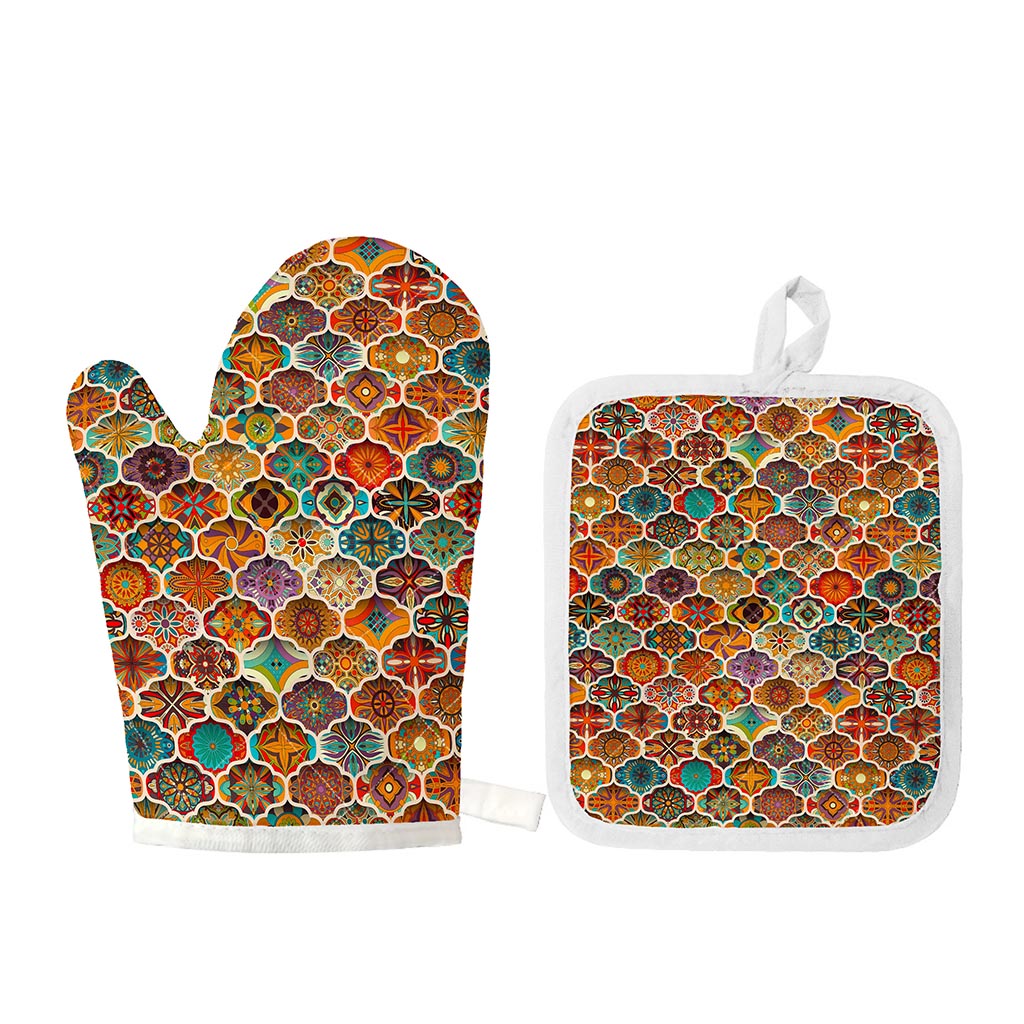 Ethnic Mandala Bohemian Pattern Print Oven Mitt And Pot Holder Set