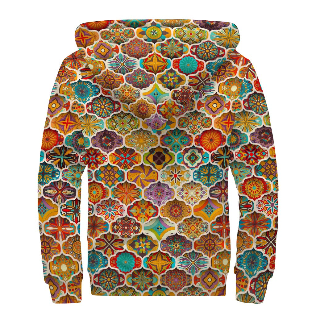 Ethnic Mandala Bohemian Pattern Print Sherpa Lined Zip Up Hoodie