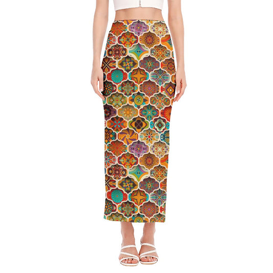 Ethnic Mandala Bohemian Pattern Print Side Slit Maxi Skirt