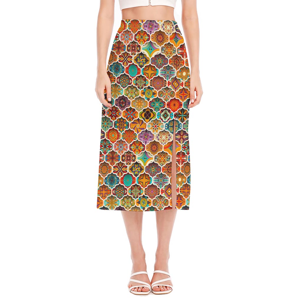 Ethnic Mandala Bohemian Pattern Print Side Slit Midi Skirt