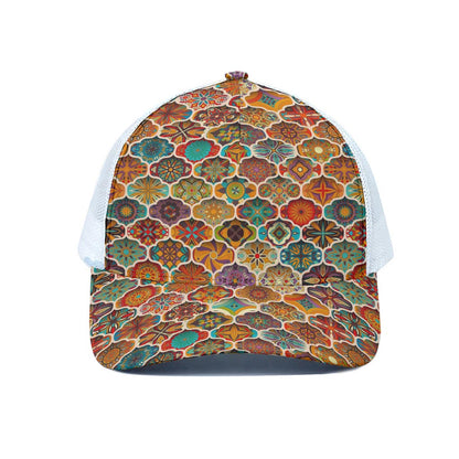Ethnic Mandala Bohemian Pattern Print White Mesh Trucker Cap