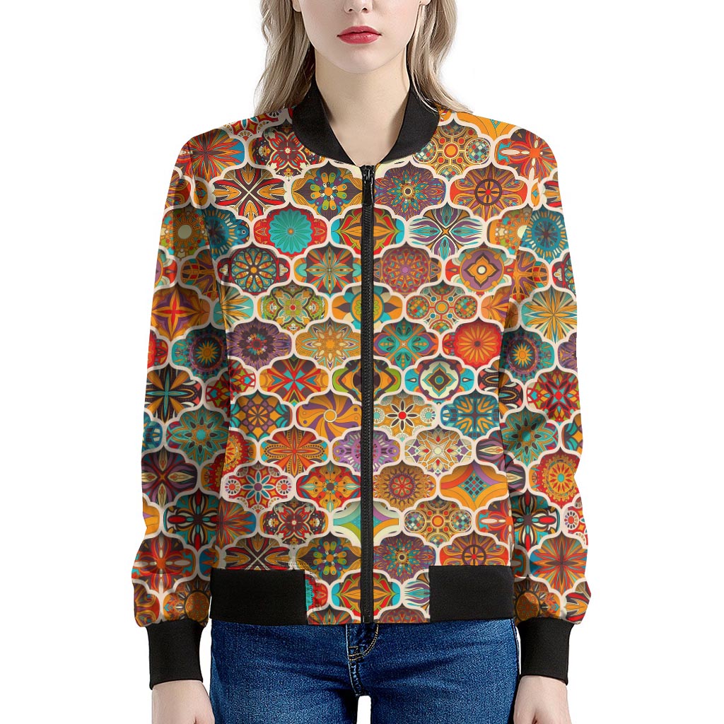 Ethnic Mandala Bohemian Pattern Print Women's Bomber Jacket