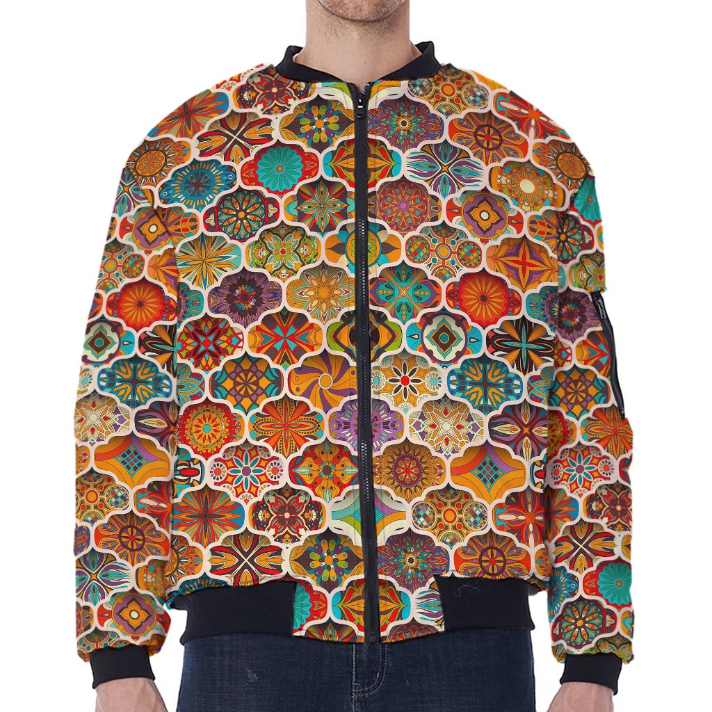 Ethnic Mandala Bohemian Pattern Print Zip Sleeve Bomber Jacket