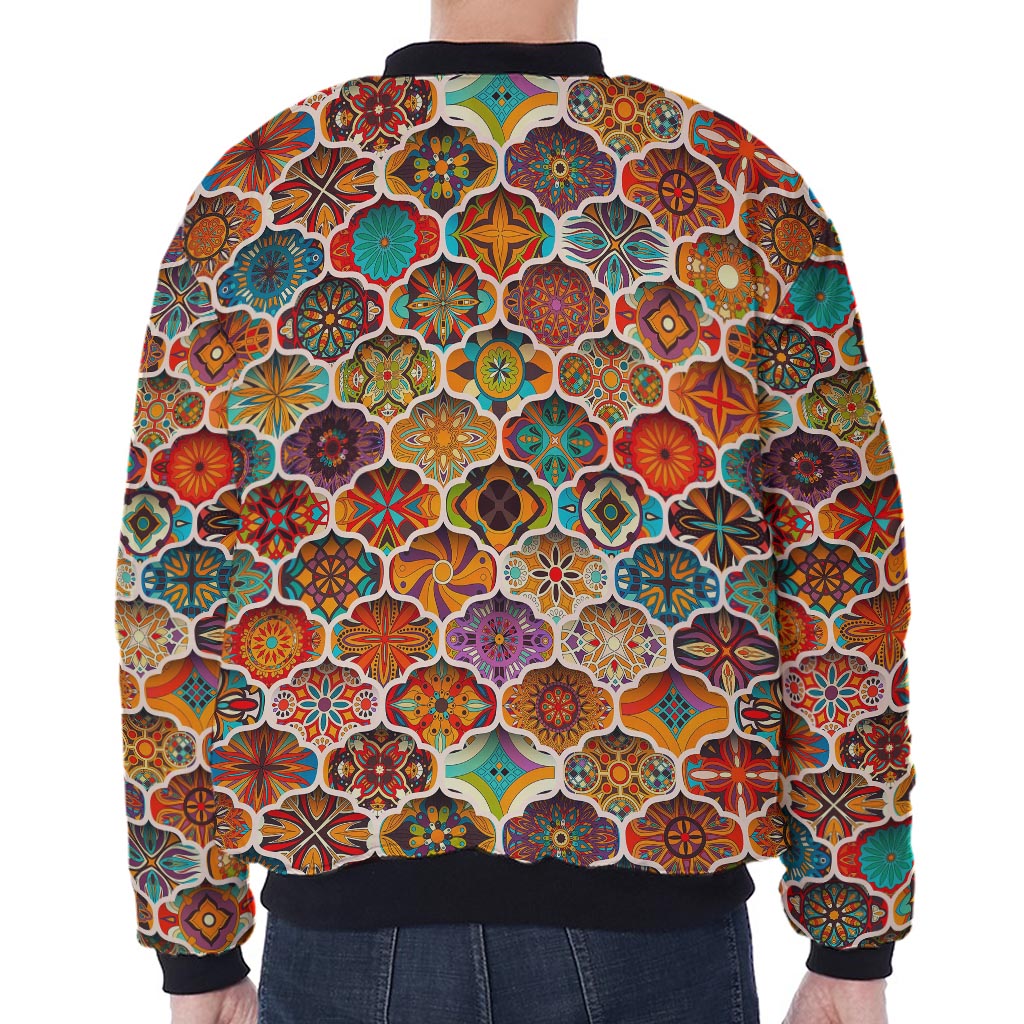 Ethnic Mandala Bohemian Pattern Print Zip Sleeve Bomber Jacket