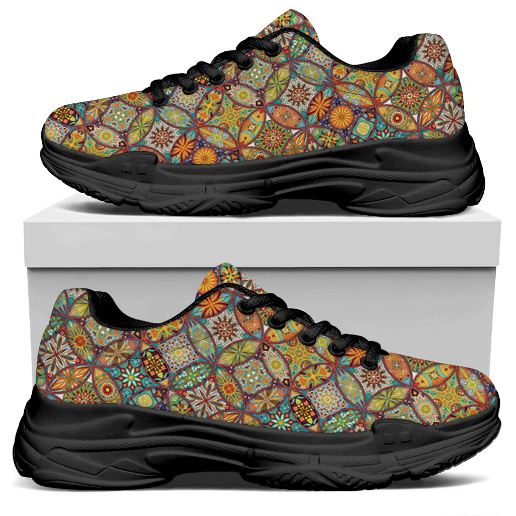 Ethnic Mandala Patchwork Pattern Print Black Chunky Shoes