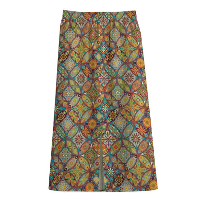 Ethnic Mandala Patchwork Pattern Print Cotton Front Slit Maxi Skirt