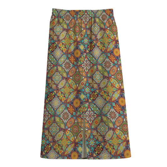 Ethnic Mandala Patchwork Pattern Print Cotton Front Slit Maxi Skirt