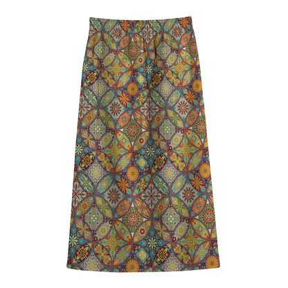 Ethnic Mandala Patchwork Pattern Print Cotton Front Slit Maxi Skirt
