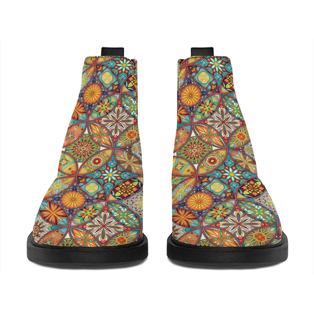 Ethnic Mandala Patchwork Pattern Print Flat Ankle Boots