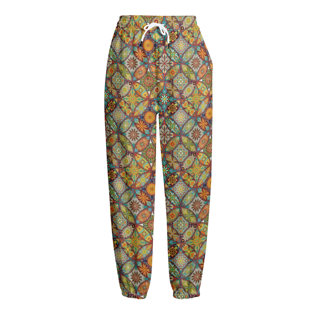 Ethnic Mandala Patchwork Pattern Print Fleece Lined Knit Pants