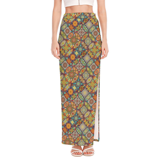 Ethnic Mandala Patchwork Pattern Print High Slit Maxi Skirt