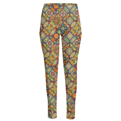 Ethnic Mandala Patchwork Pattern Print High-Waisted Pocket Leggings