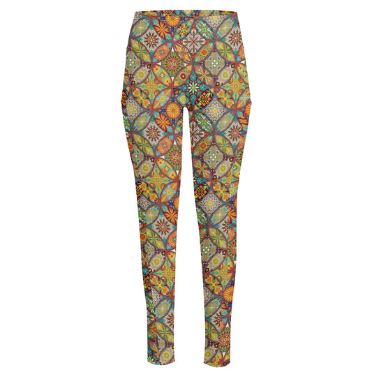Ethnic Mandala Patchwork Pattern Print High-Waisted Pocket Leggings