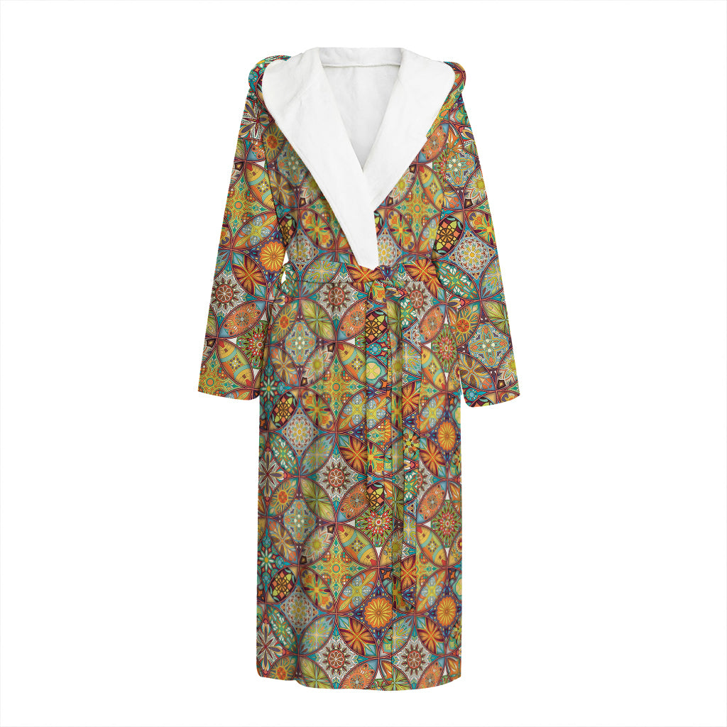 Ethnic Mandala Patchwork Pattern Print Hooded Bathrobe