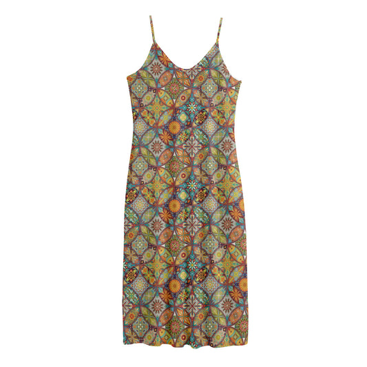 Ethnic Mandala Patchwork Pattern Print Jersey Midi Cami Dress