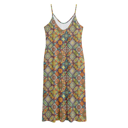 Ethnic Mandala Patchwork Pattern Print Jersey Midi Cami Dress