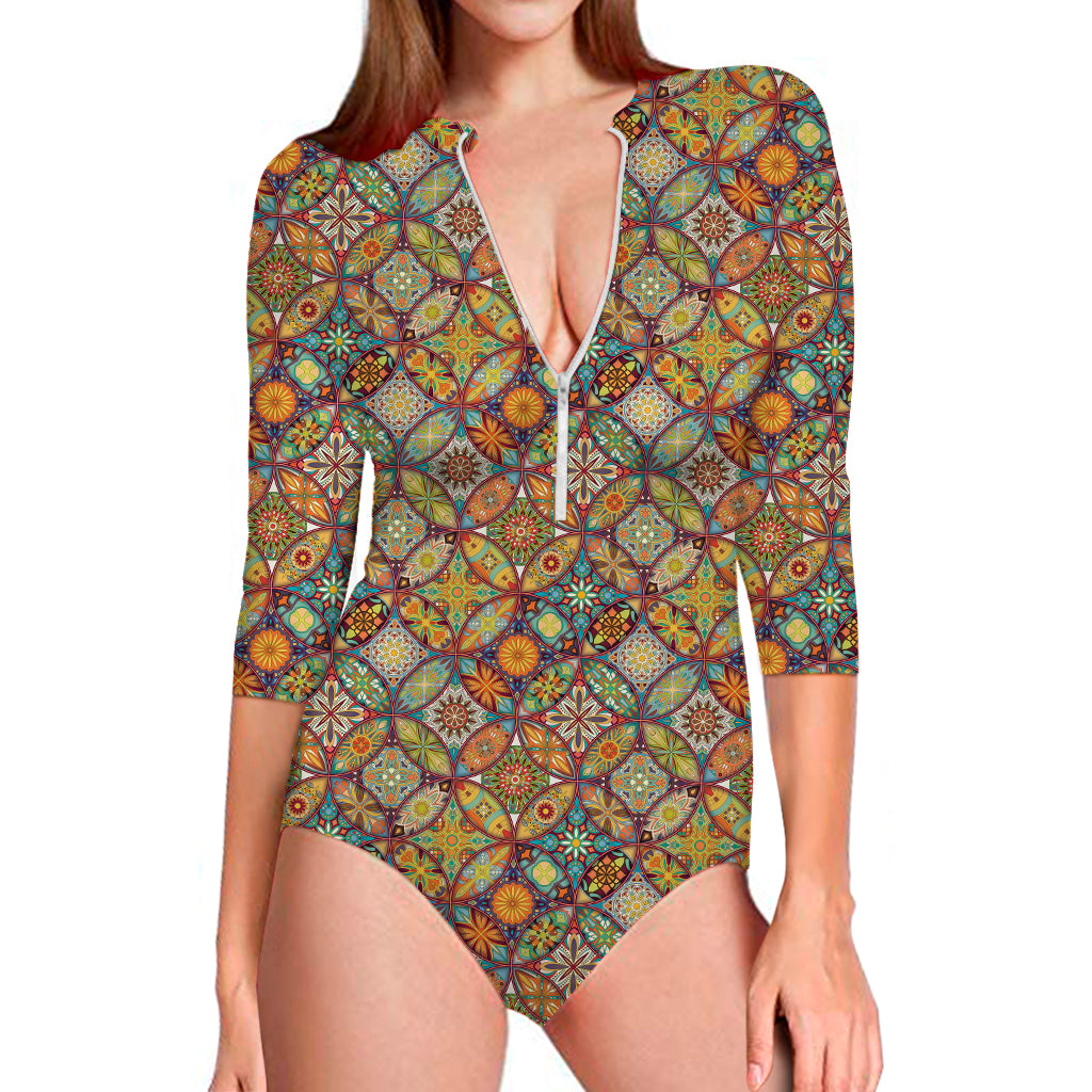 Ethnic Mandala Patchwork Pattern Print Long Sleeve Swimsuit