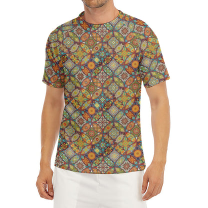 Ethnic Mandala Patchwork Pattern Print Men's Short Sleeve Rash Guard