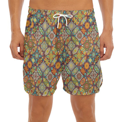 Ethnic Mandala Patchwork Pattern Print Men's Split Running Shorts