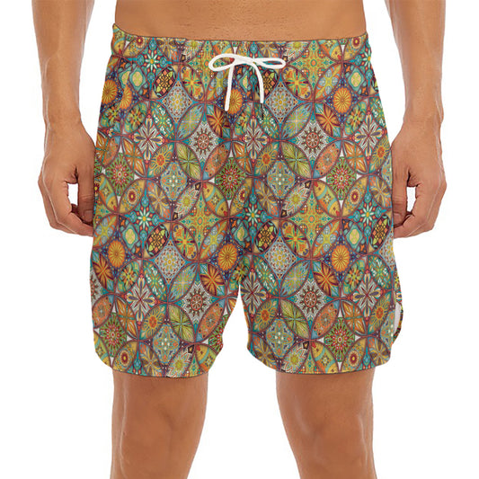 Ethnic Mandala Patchwork Pattern Print Men's Split Running Shorts