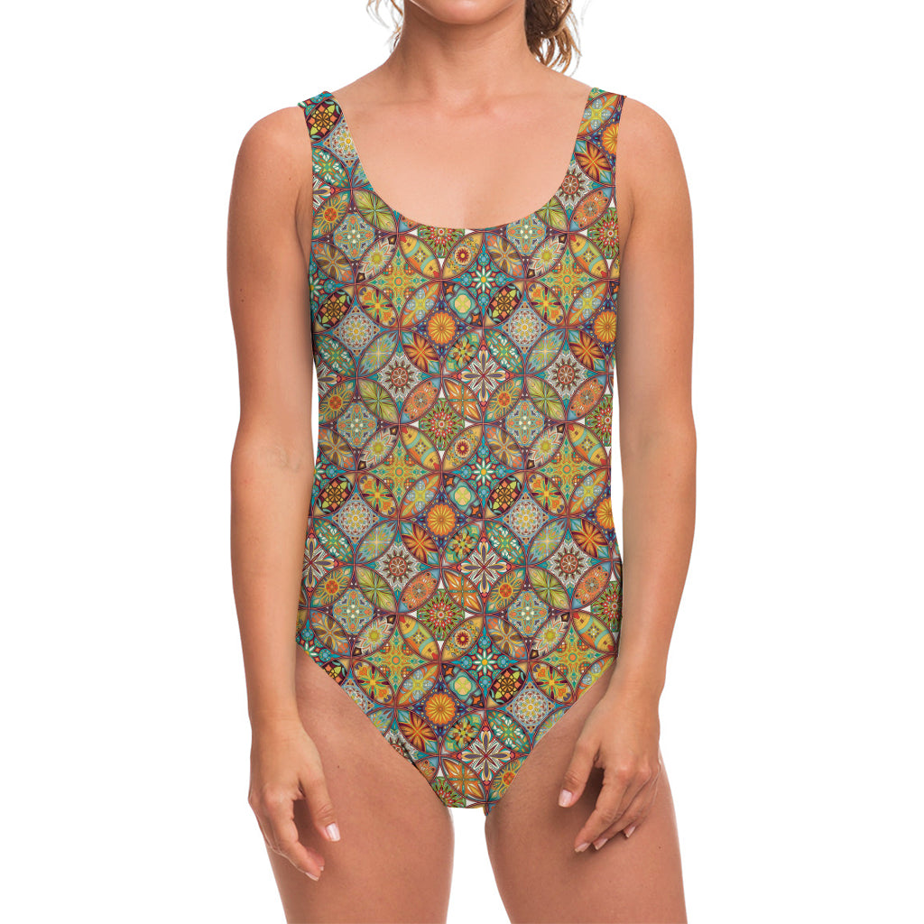 Ethnic Mandala Patchwork Pattern Print One Piece Swimsuit