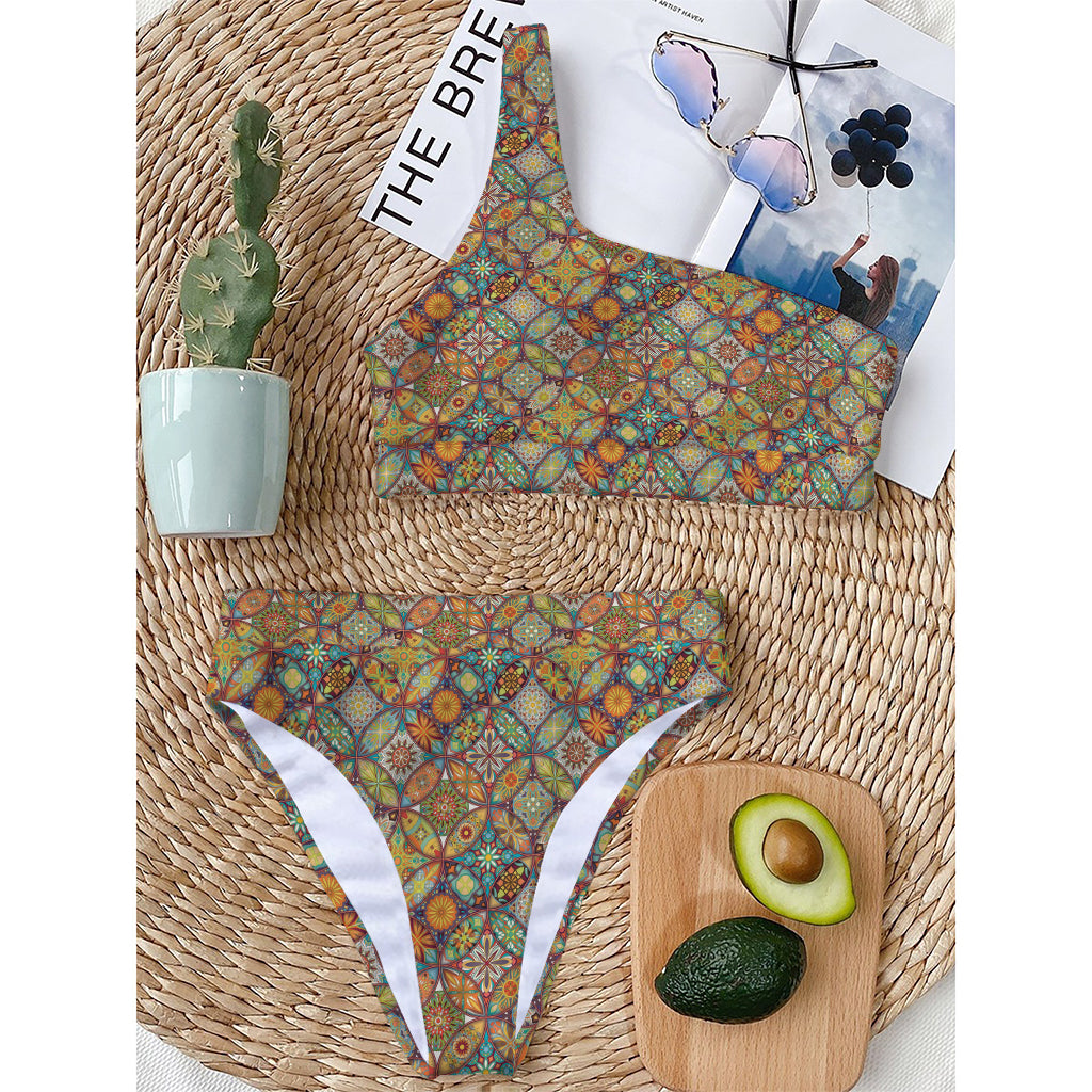 Ethnic Mandala Patchwork Pattern Print One Shoulder Bikini Top