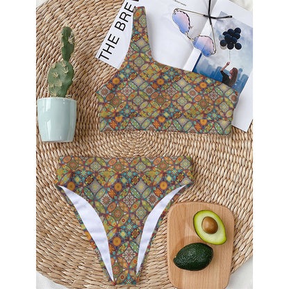 Ethnic Mandala Patchwork Pattern Print One Shoulder Bikini Top