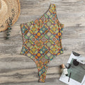 Ethnic Mandala Patchwork Pattern Print One Shoulder Bodysuit