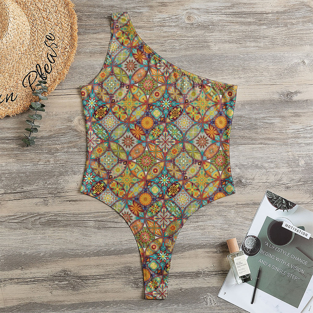Ethnic Mandala Patchwork Pattern Print One Shoulder Bodysuit