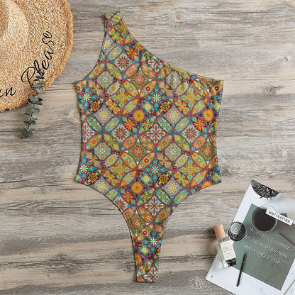 Ethnic Mandala Patchwork Pattern Print One Shoulder Bodysuit