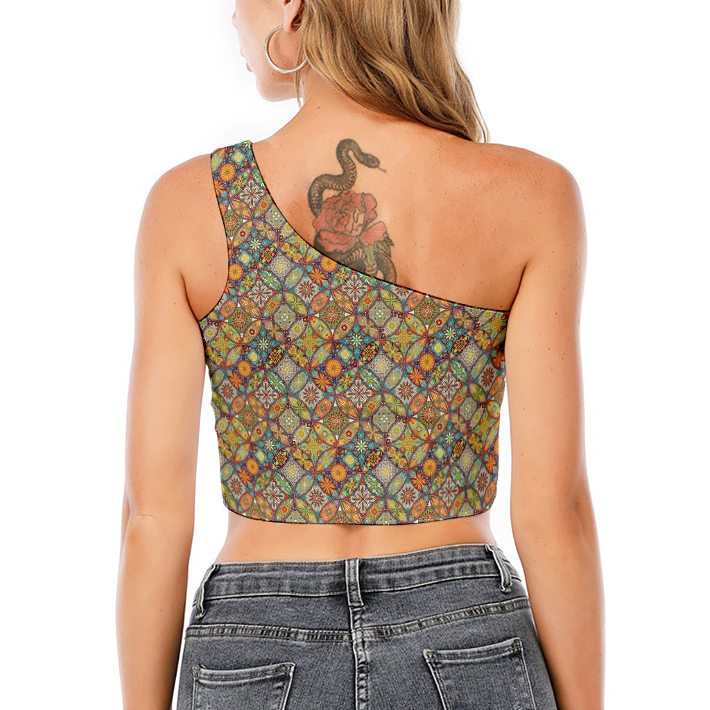 Ethnic Mandala Patchwork Pattern Print One Shoulder Crop Top