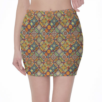 Ethnic Mandala Patchwork Pattern Print Pencil Mini Skirt